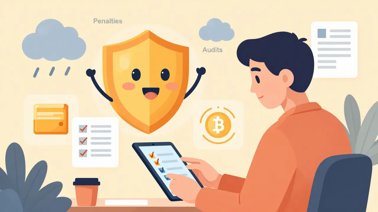 Investor organizing crypto holdings and preparing for tax compliance with digital tools.