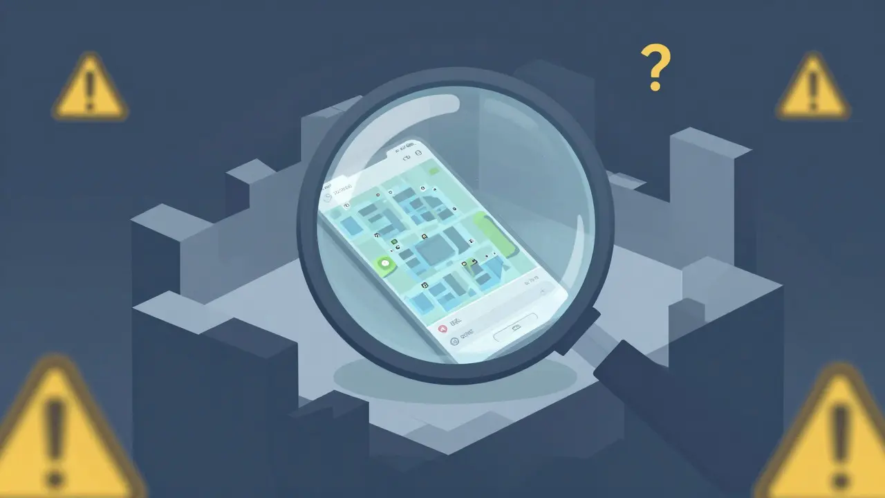 Magnifying glass inspecting shadowy, incomplete digital game structures and question marks