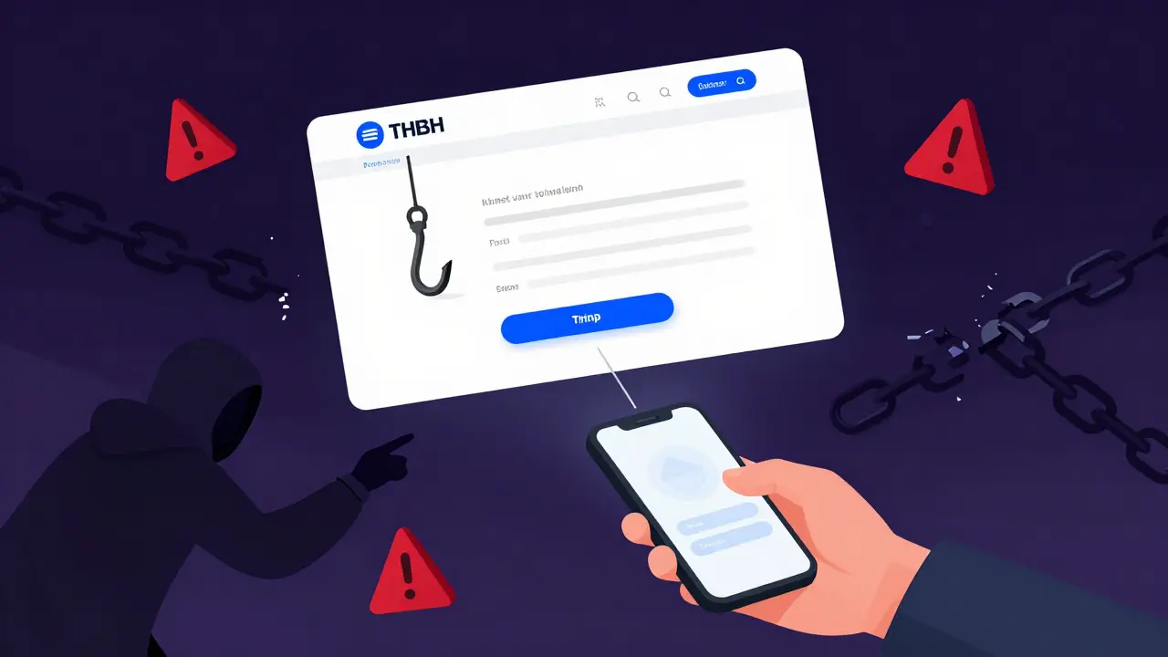 Phishing website trap with hidden hook draining user's wallet, illustrated in editorial cartoon style.