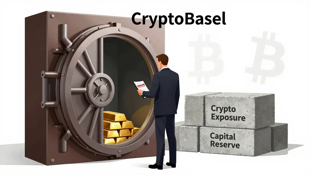 Satirical art showing a bank vault with only 1% space allowed for crypto assets.