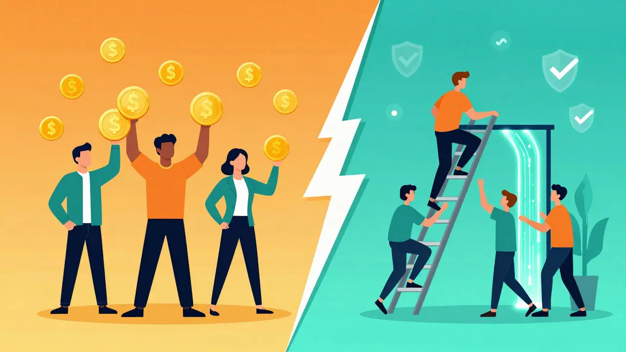 Split illustration showing loyal token holders and new players entering a game platform