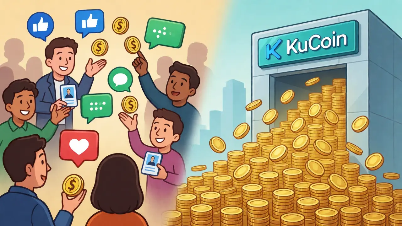 Split scene showing social media community airdrops and exchange listing bonuses.
