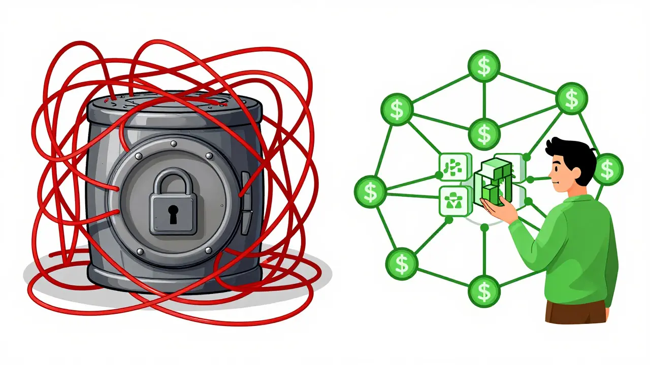 Split view comparing a locked custodial vault with an open decentralized network