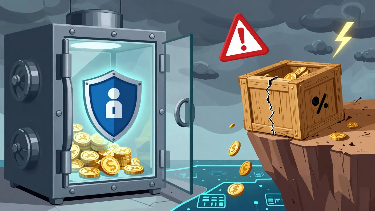 Split view of a secure glass vault versus a cracking crate on a cliff edge, illustrating risk