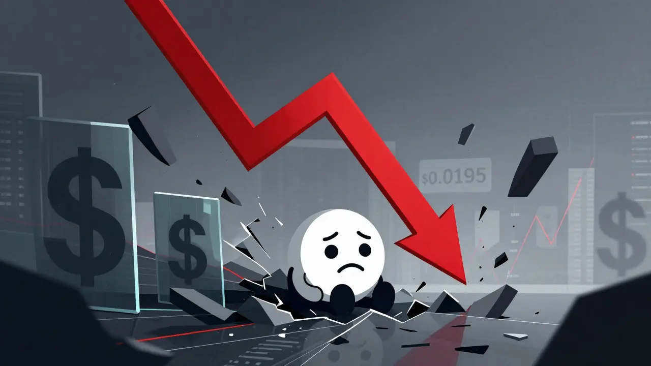 Stylized red arrow crashing down, breaking glass, with a deflated mascot amidst debris