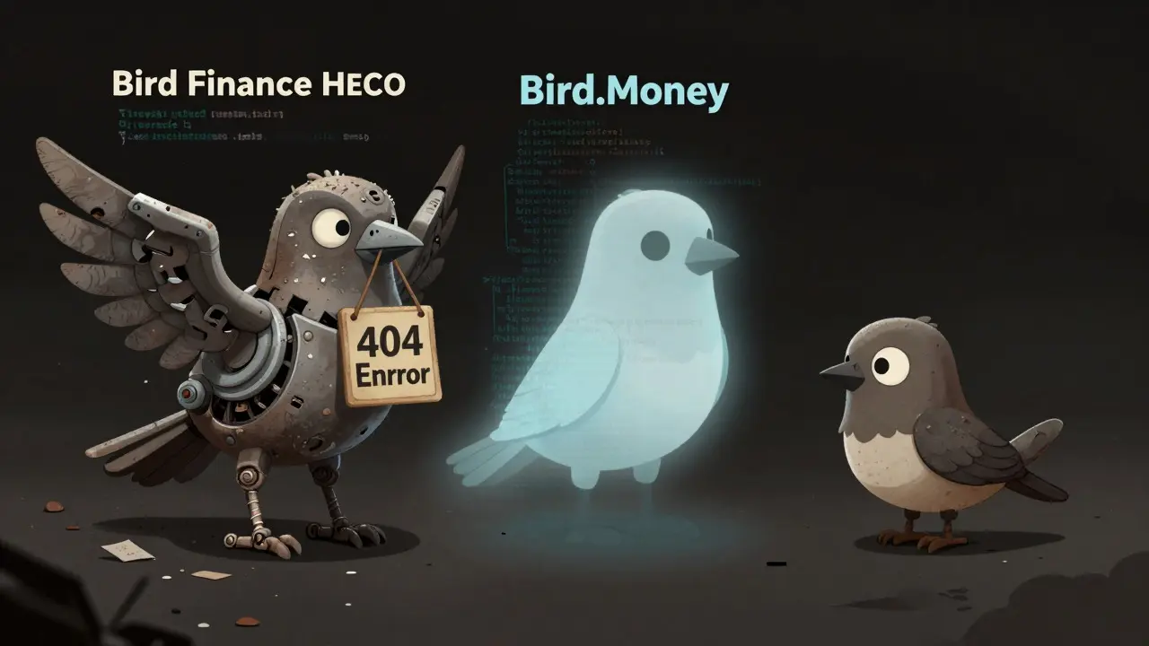 Three bird characters representing defunct crypto projects: broken, fading, and unrelated meme bird.