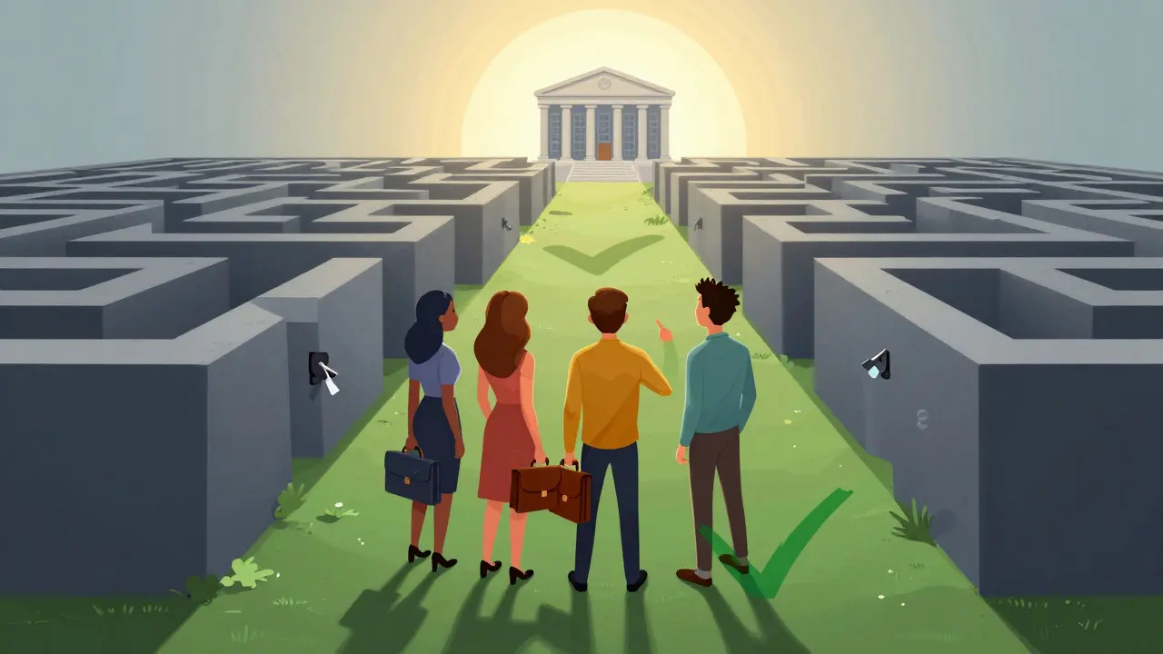 Three people holding secure wallets walking away from a chaotic maze toward a safe bank