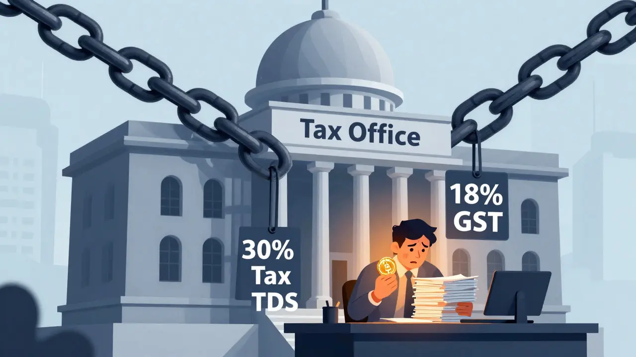 Trader weighed down by heavy tax chains labeled 30%, 1%, 18%