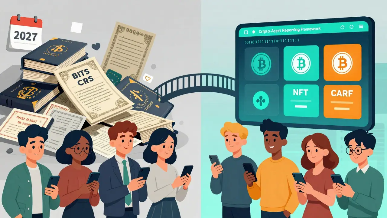 Visual comparison between traditional banking reporting and new crypto asset frameworks.