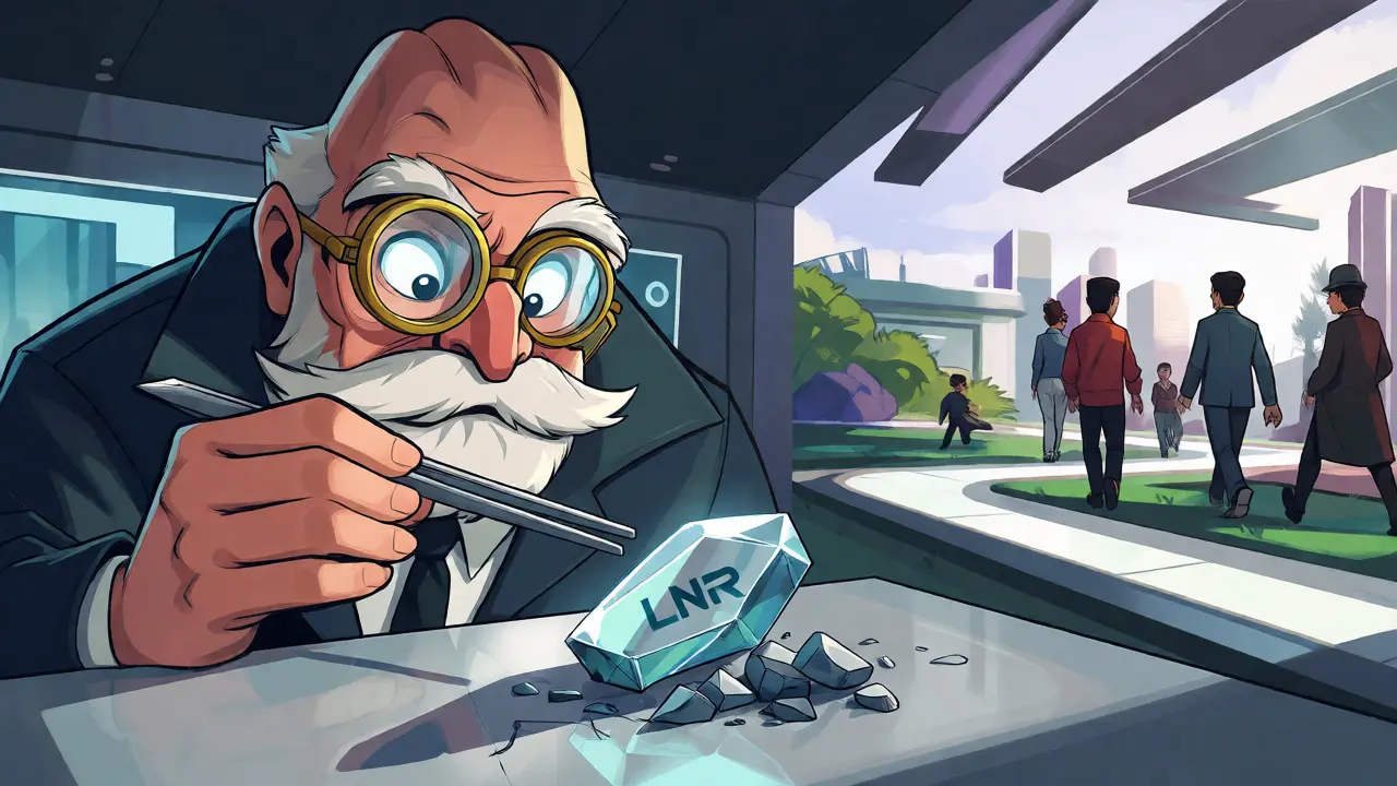 A detective inspecting a broken crystal shard while others move on to newer projects.