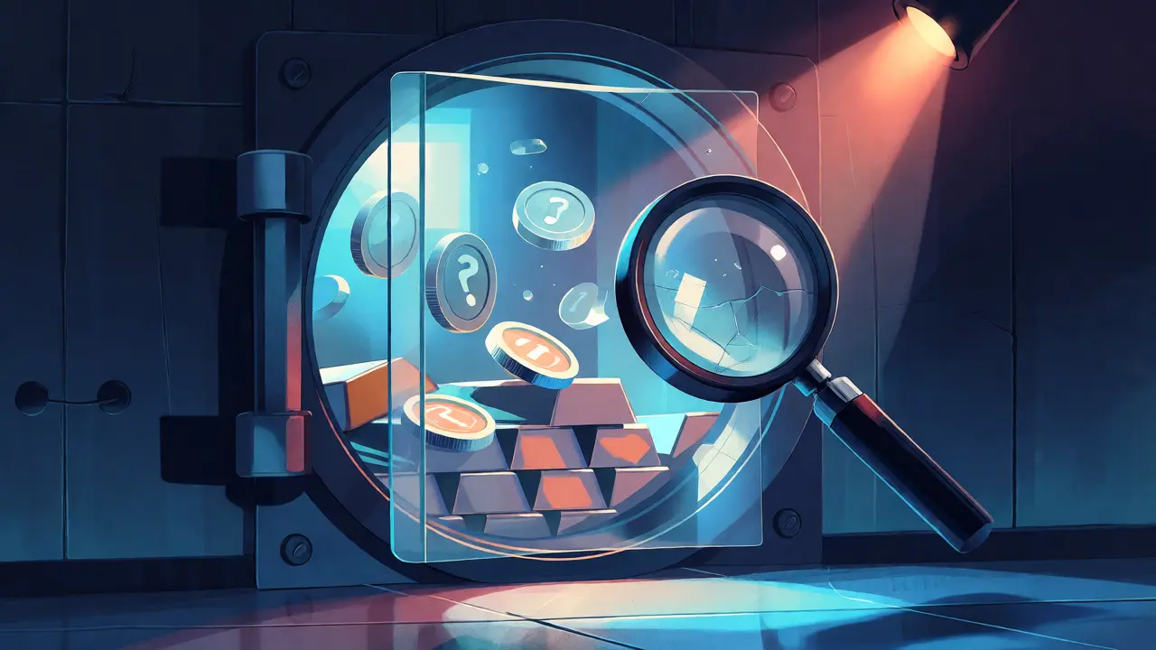 A glass vault with fragile digital coins and a magnifying glass revealing cracks.