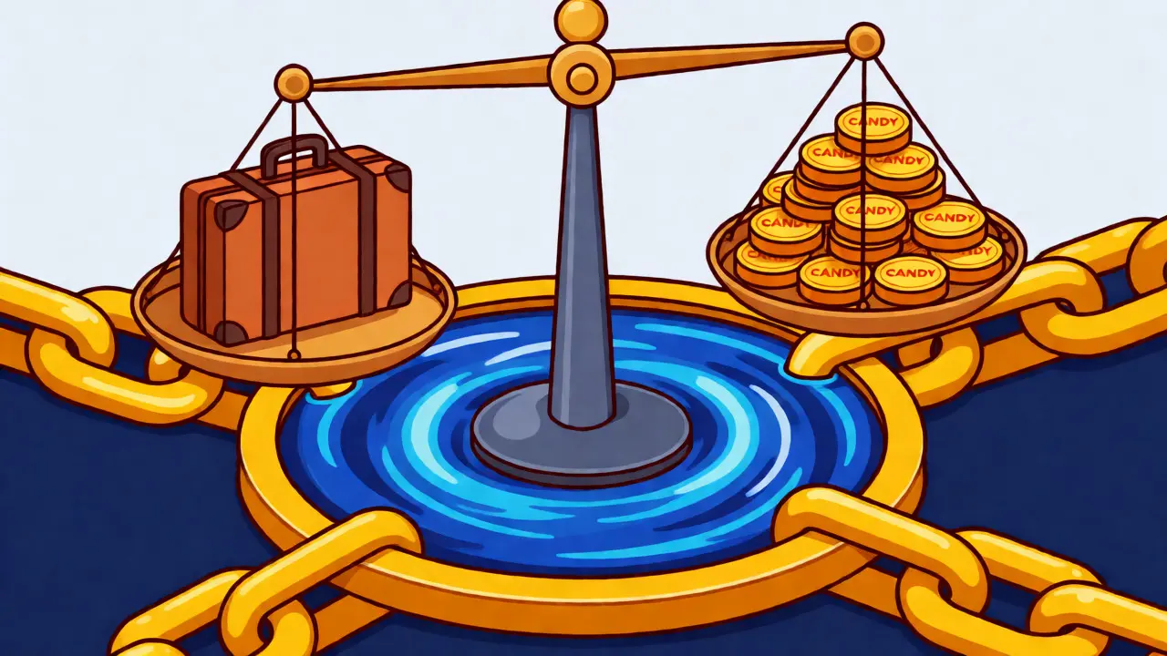 Balance scale weighing travel bookings against CANDY token taxes
