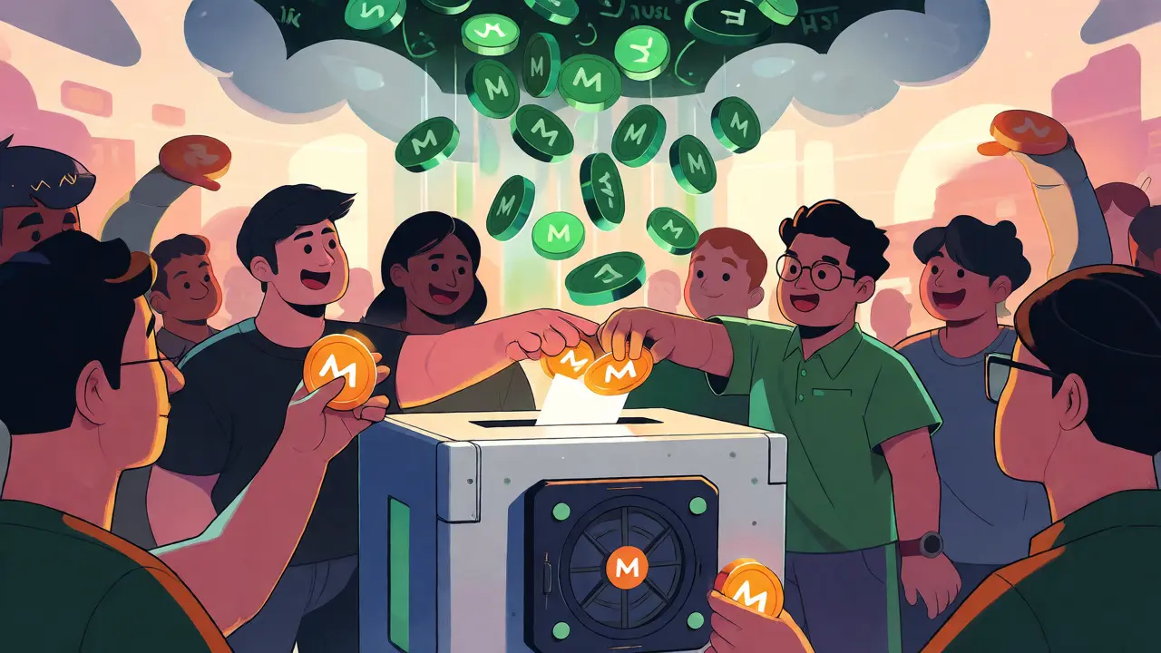 Cartoon characters casting votes with tokens into a vault while receiving HUSL rewards.