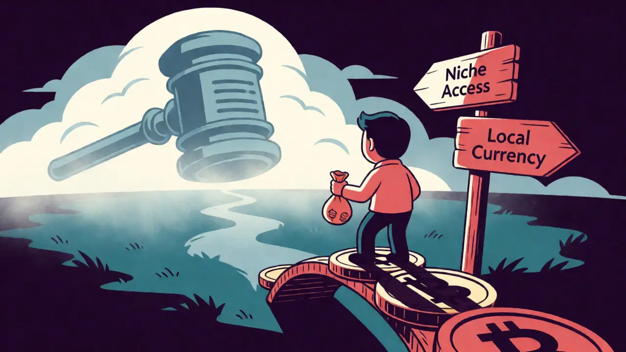 Cartoon trader balancing on a coin bridge facing regulatory risks and niche access.