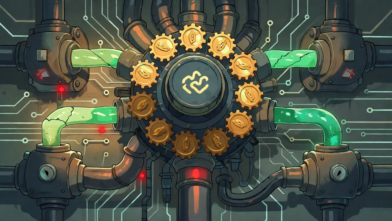 Complex machine with gears and pipes illustrating restaking mechanics and risks