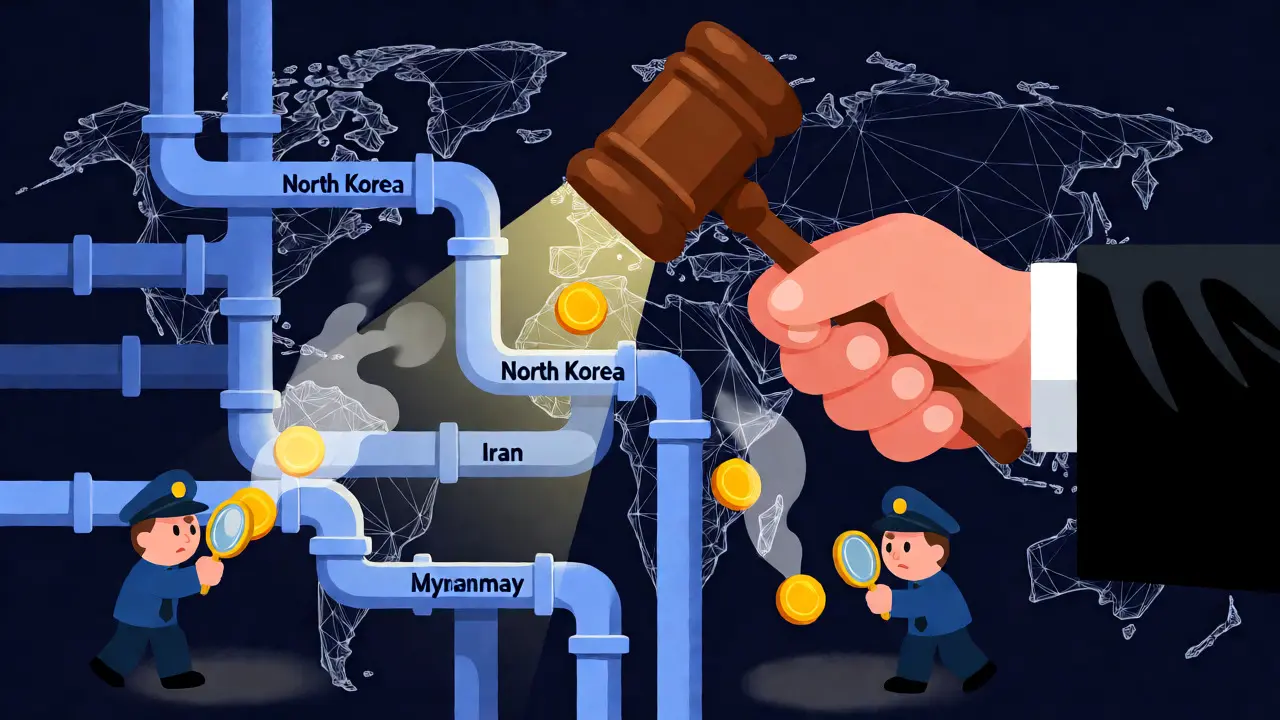 Conceptual art of regulators struggling to contain crypto leaks from sanctioned nations