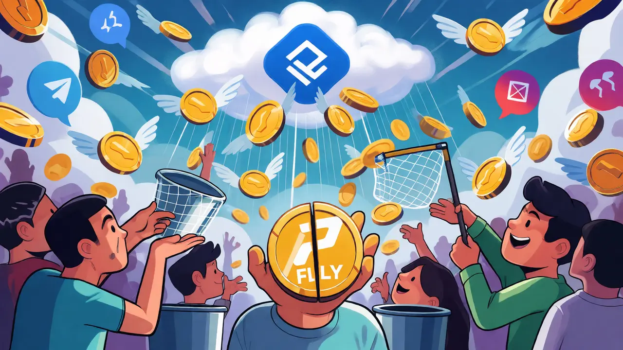 Crowd catching raining FLY tokens during an airdrop with name change confusion