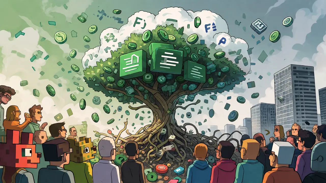 Crowd of avatars surrounding a tree made of code and coins, symbolizing MemeFi.
