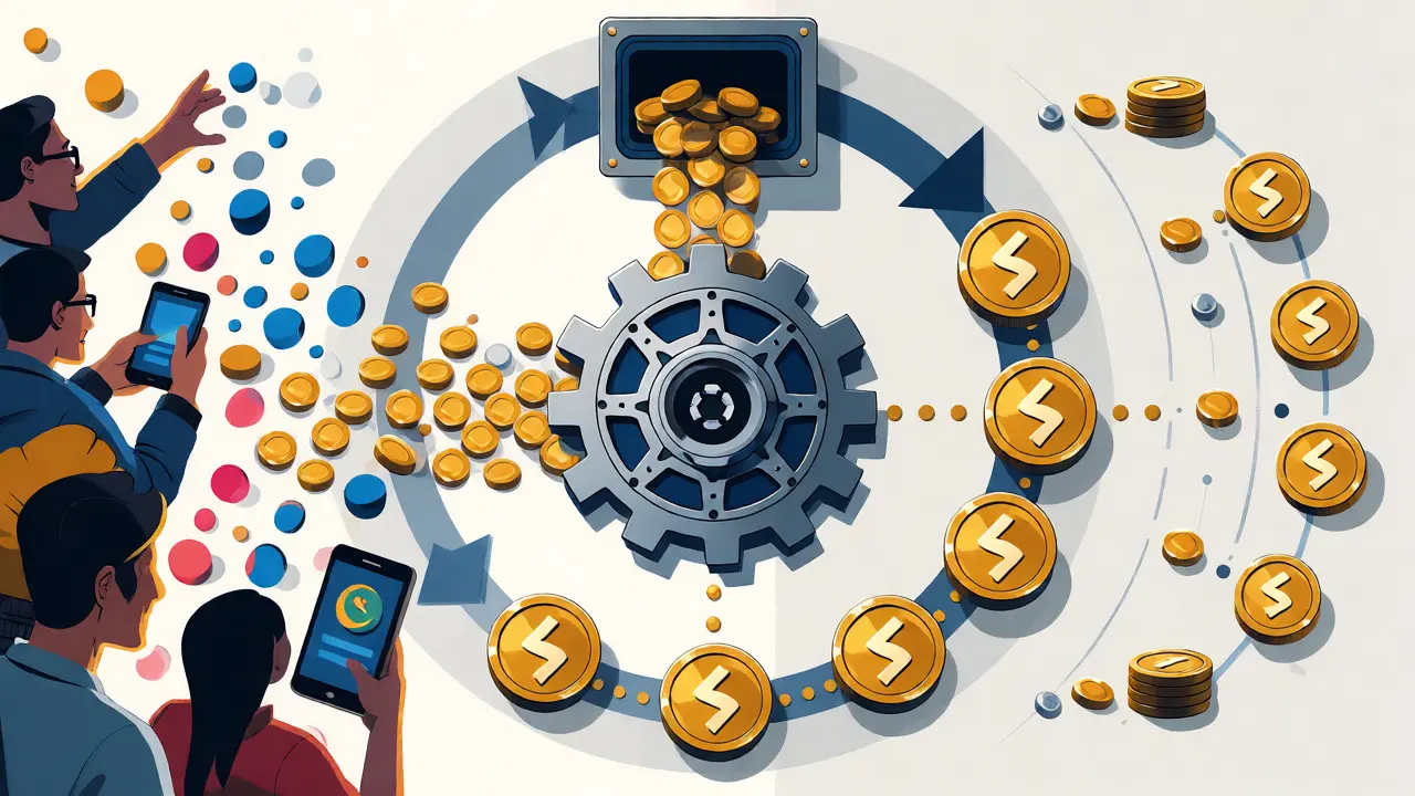 Diagram of fees turning into tokens via buybacks in a digital ecosystem