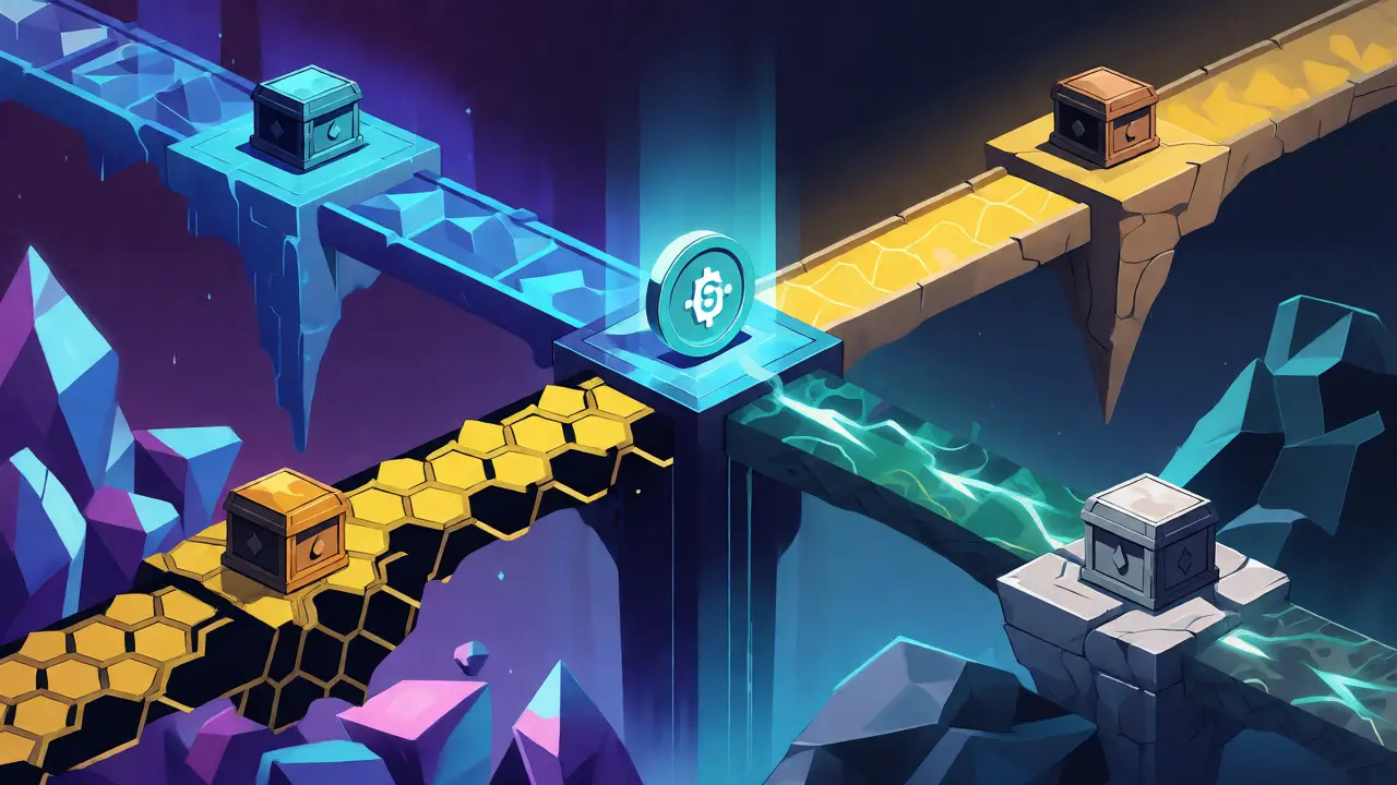 Editorial art showing DaWae tokens split across different blockchain networks