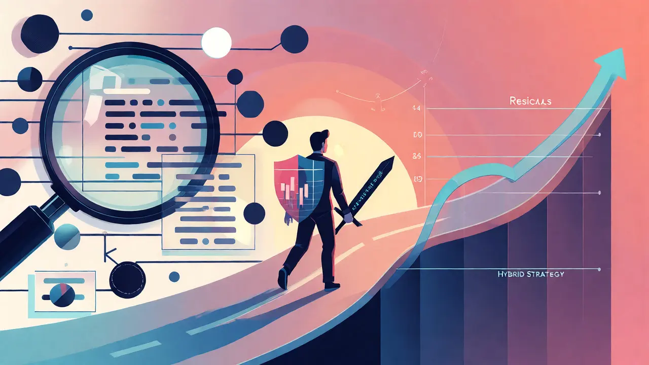 Editorial illustration merging code fundamentals and technical charts into one strategy