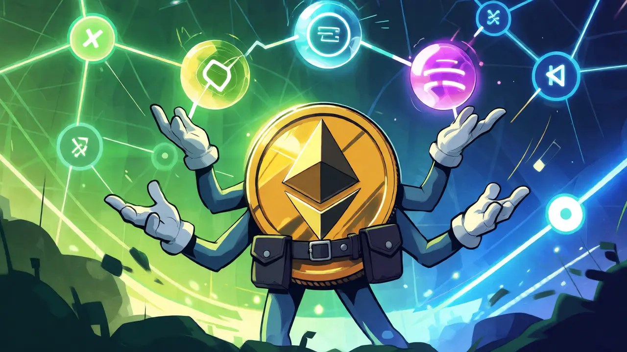 Ethereum coin juggling multiple network orbs to show restaking efficiency