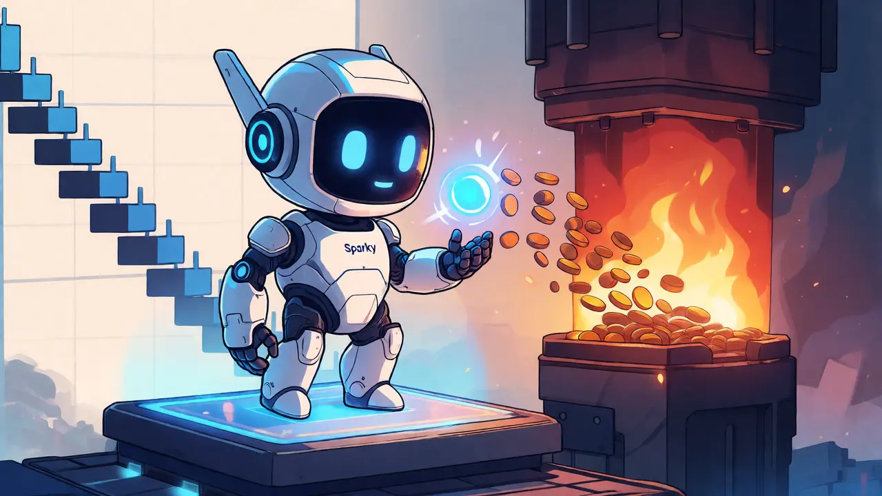 Friendly AI robot activating a token burn mechanism, reducing supply with a descending graphical trend.