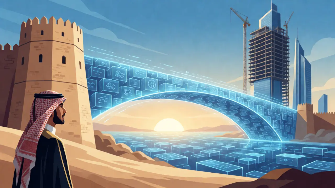 Futuristic blockchain bridge connecting old and new Saudi architecture