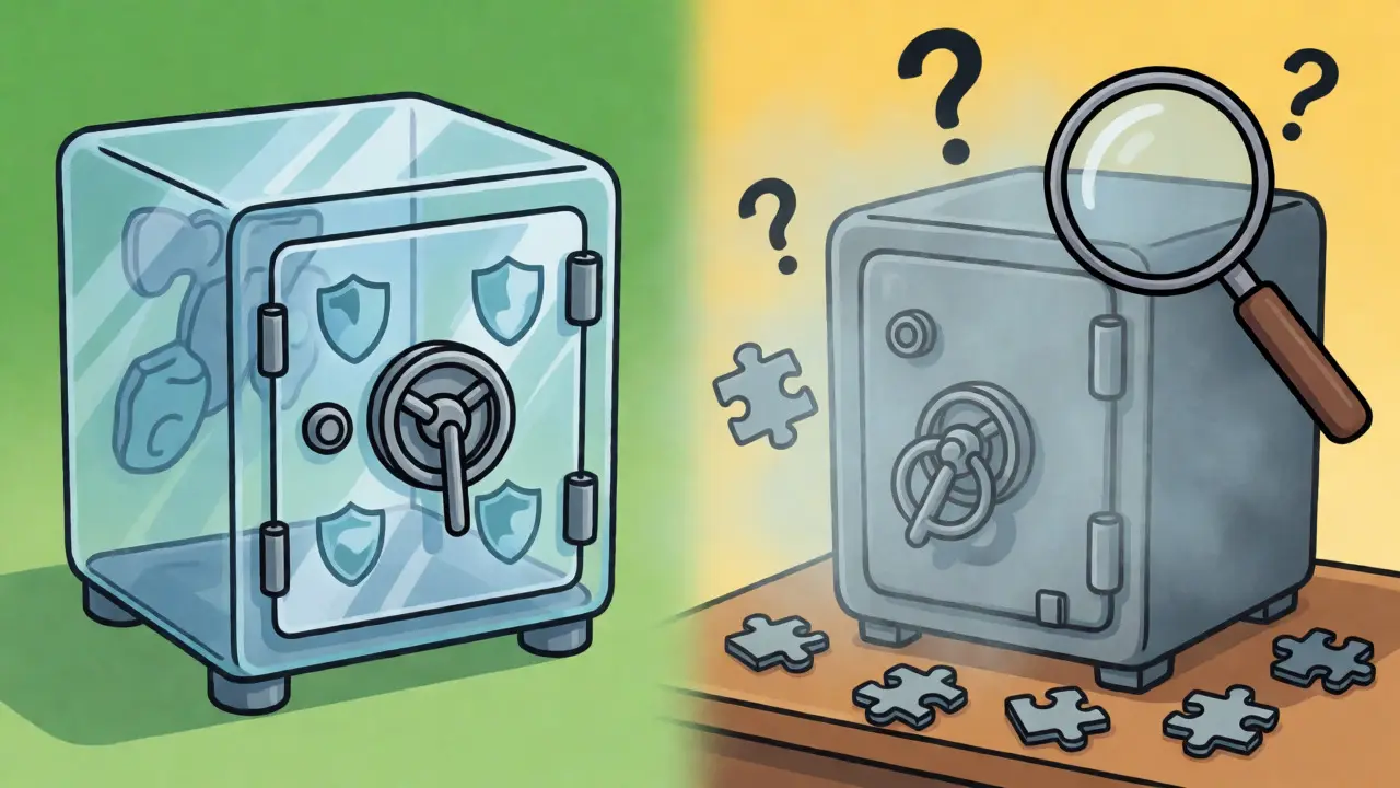 Illustration comparing transparent secure vaults with an opaque, unverified safe.