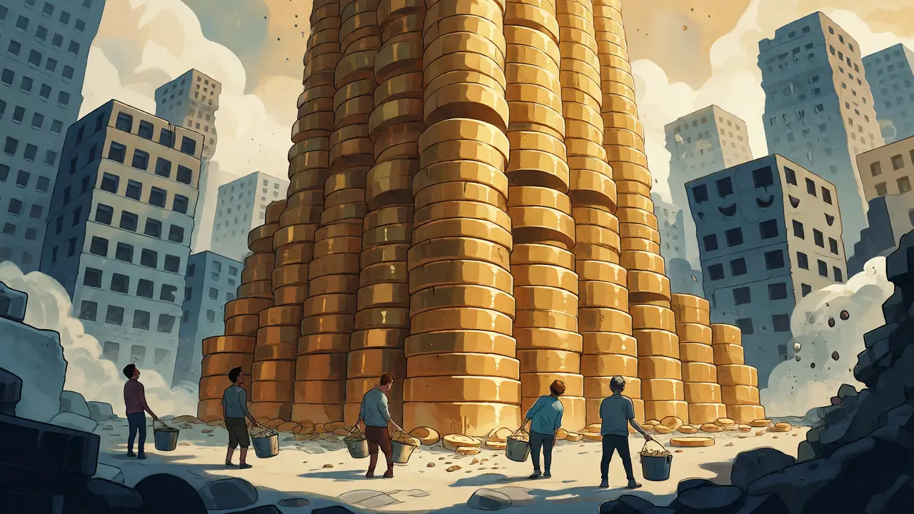 Illustration of a giant coin tower dwarfing small creators, showing wealth concentration in NFTs.