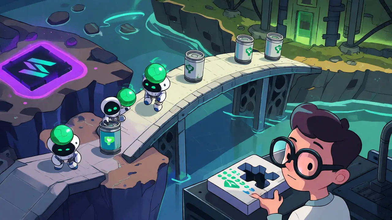 Illustration of robots bridging GOR tokens to gGOR on a stylized bridge.