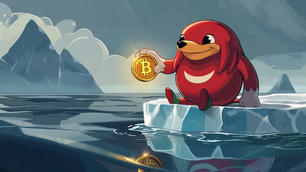 Illustration of Ugandan Knuckles holding a fragile coin on thin ice