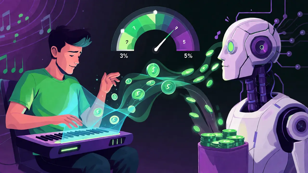 Musician sending sound waves to an AI robot, receiving streaming royalties back via blockchain.