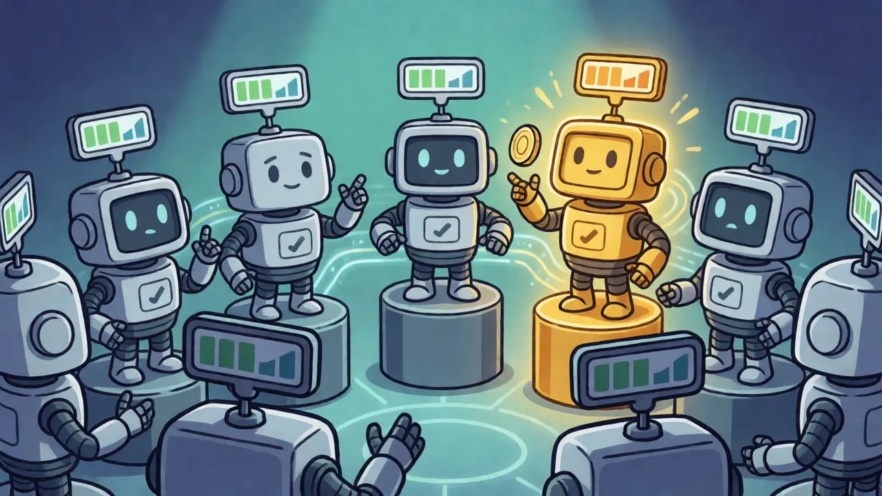 Robot nodes competing on credit scores to earn rewards in a circular network.