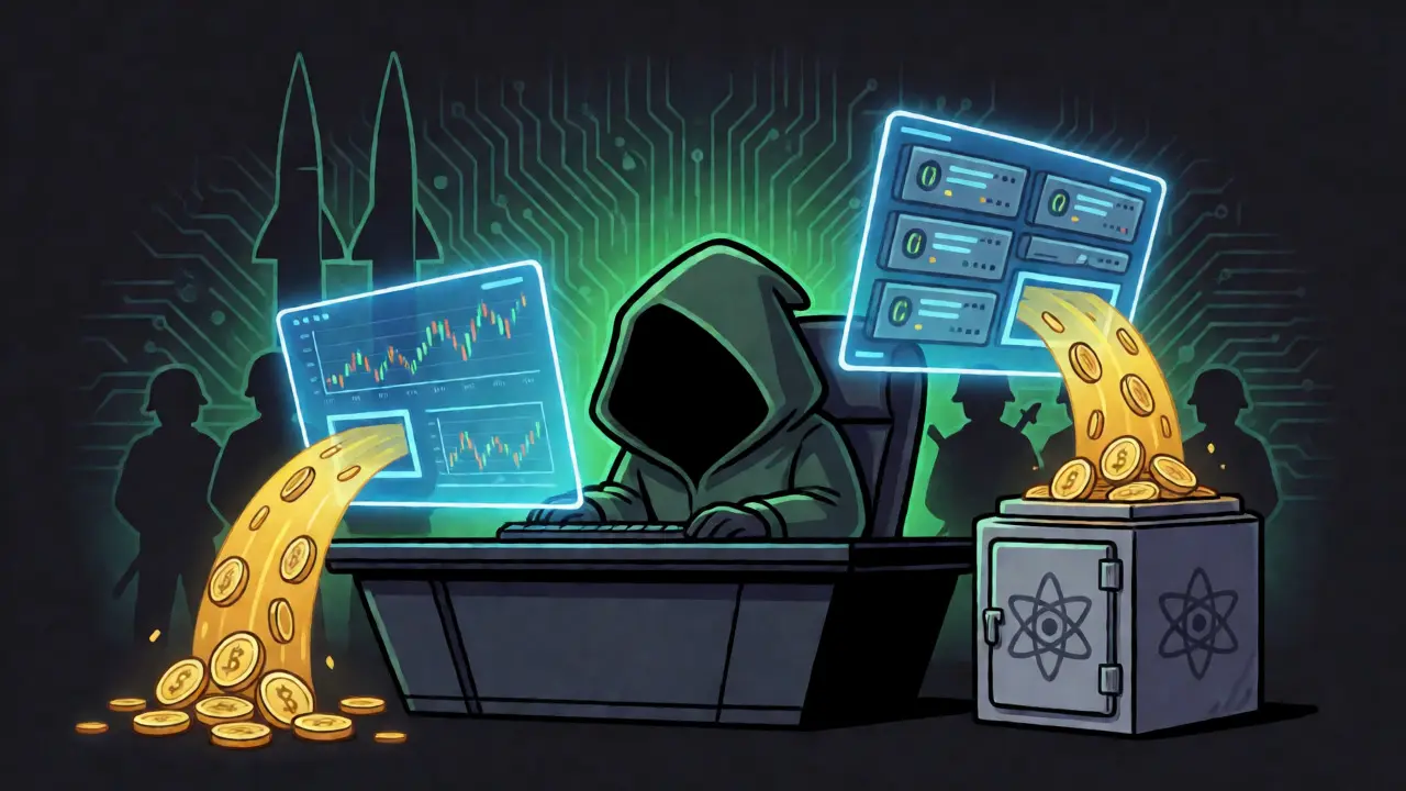 Shadowy hacker stealing digital coins that turn into nuclear energy, illustrating North Korean crypto theft.