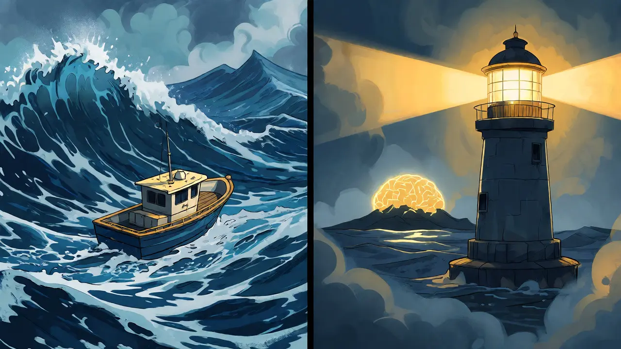 Small boat navigating volatile waters guided by a regulatory lighthouse towards an AI-themed island.