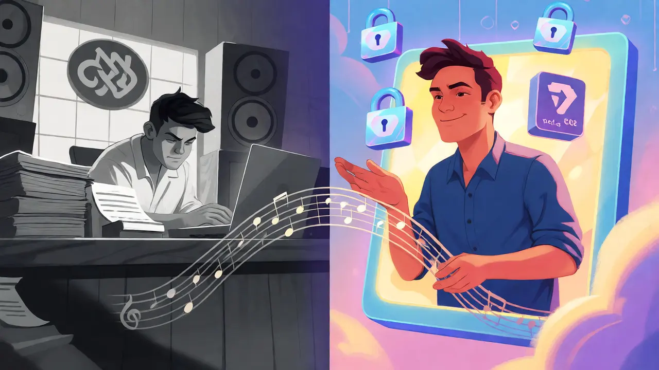 Split-scene illustration contrasting traditional music industry struggles with digital NFT benefits.