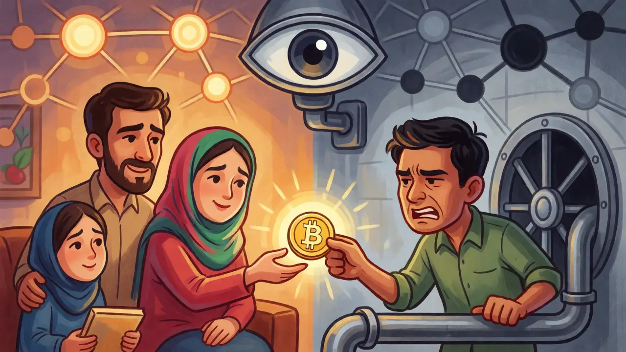 Split scene showing Iranian families using crypto for survival versus Myanmar's restricted banking access.