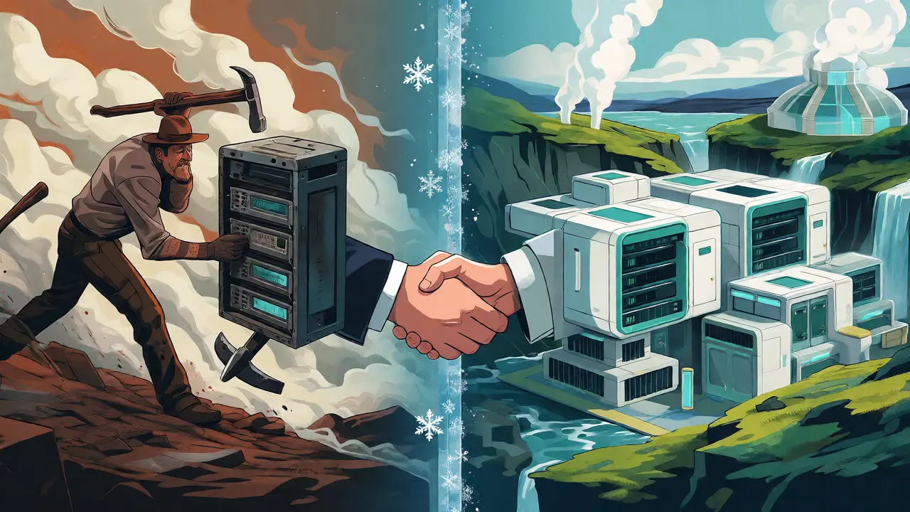 Split-screen concept contrasting chaotic past mining with future sustainable, regulated data centers in Iceland.
