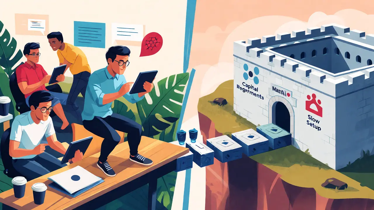 Split view comparing fast Costa Rican startups to rigid traditional hubs.