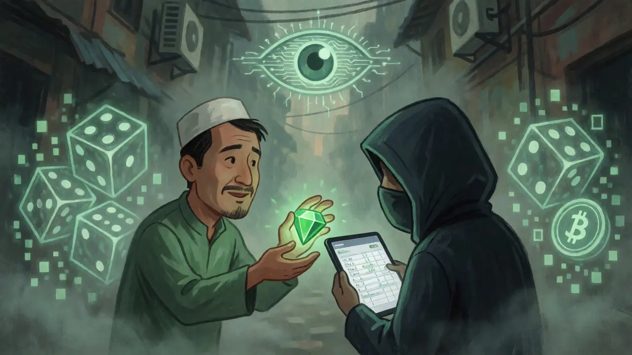 Stylized scene of Myanmar's jade trade and unregulated crypto flows