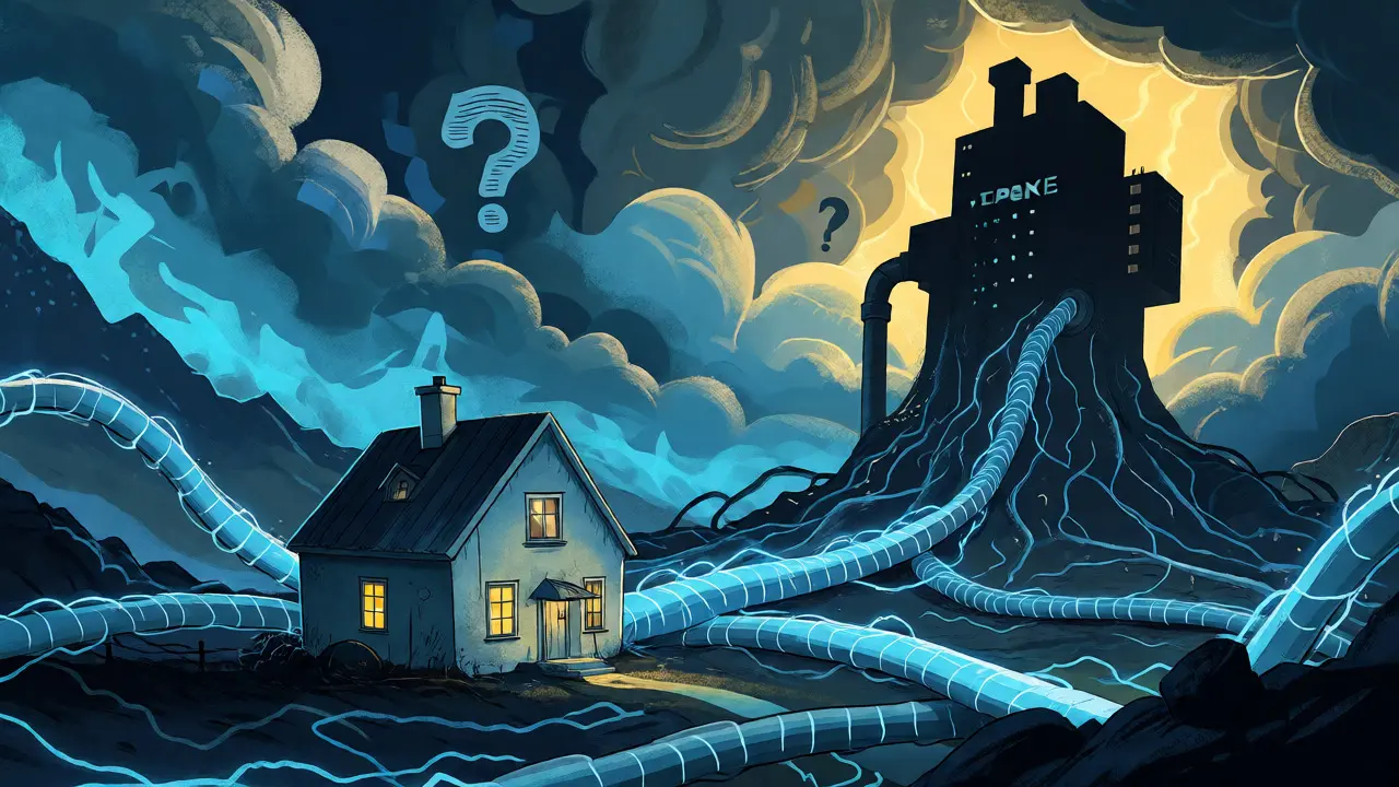 Surreal illustration of a massive data center straining the Icelandic power grid near a residential home.