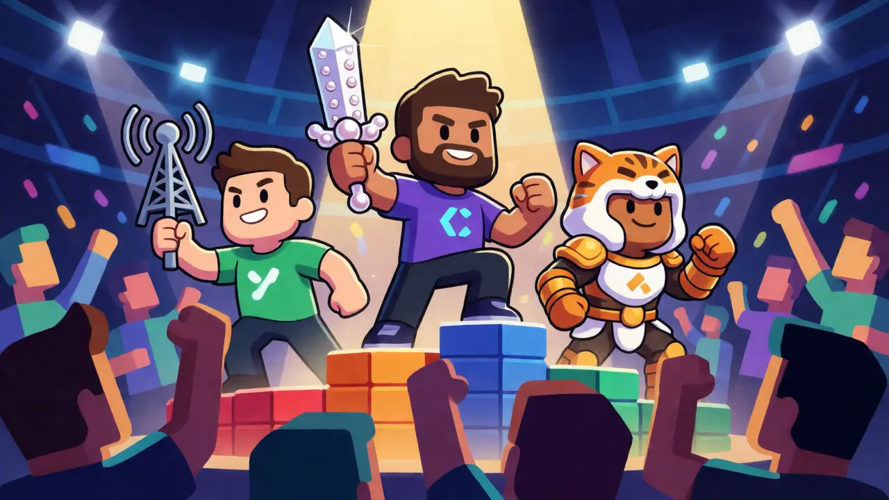 Three game champions standing in a blockchain coliseum arena under dramatic spotlighting.