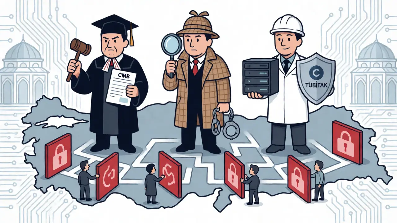 Three regulators standing over a map of Turkey guiding crypto traders