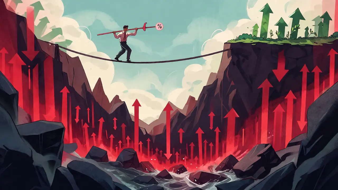 Trader balancing on a tightrope over a volatile market canyon