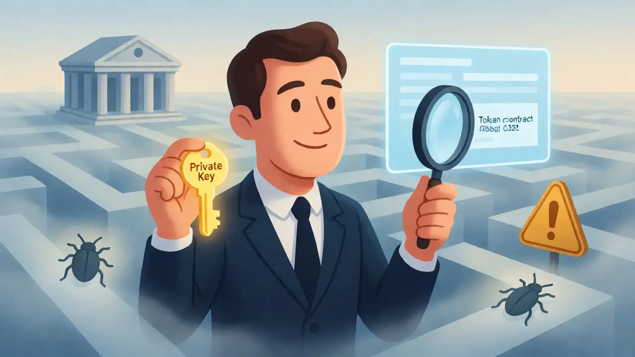 Trader navigating crypto risks with private keys and contract checks.