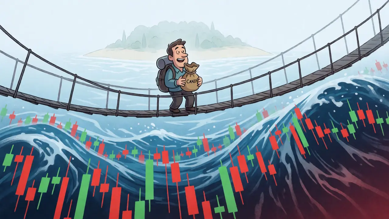 Traveler crossing a fragile bridge over volatile crypto market waves