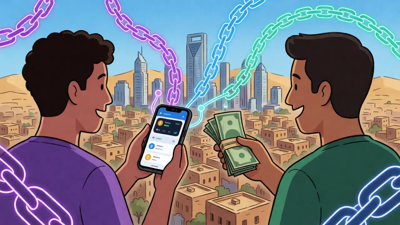 Two people exchanging crypto and cash in a P2P market