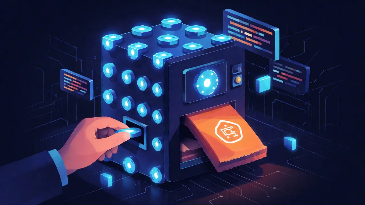A digital vending machine dispensing assets instantly with glowing code blocks.
