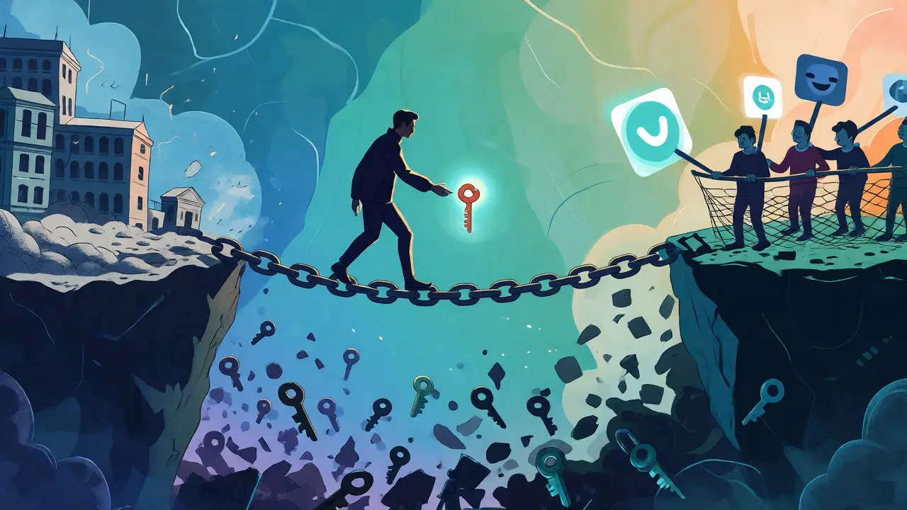 A person balancing on a digital chain over a void, guided by new tech interfaces.